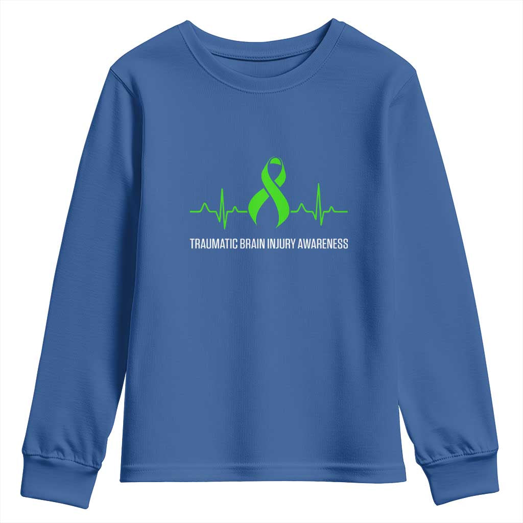 Traumatic Brain Injury Awareness Youth Sweatshirt TBI Warrior Heartbeat Green Ribbon