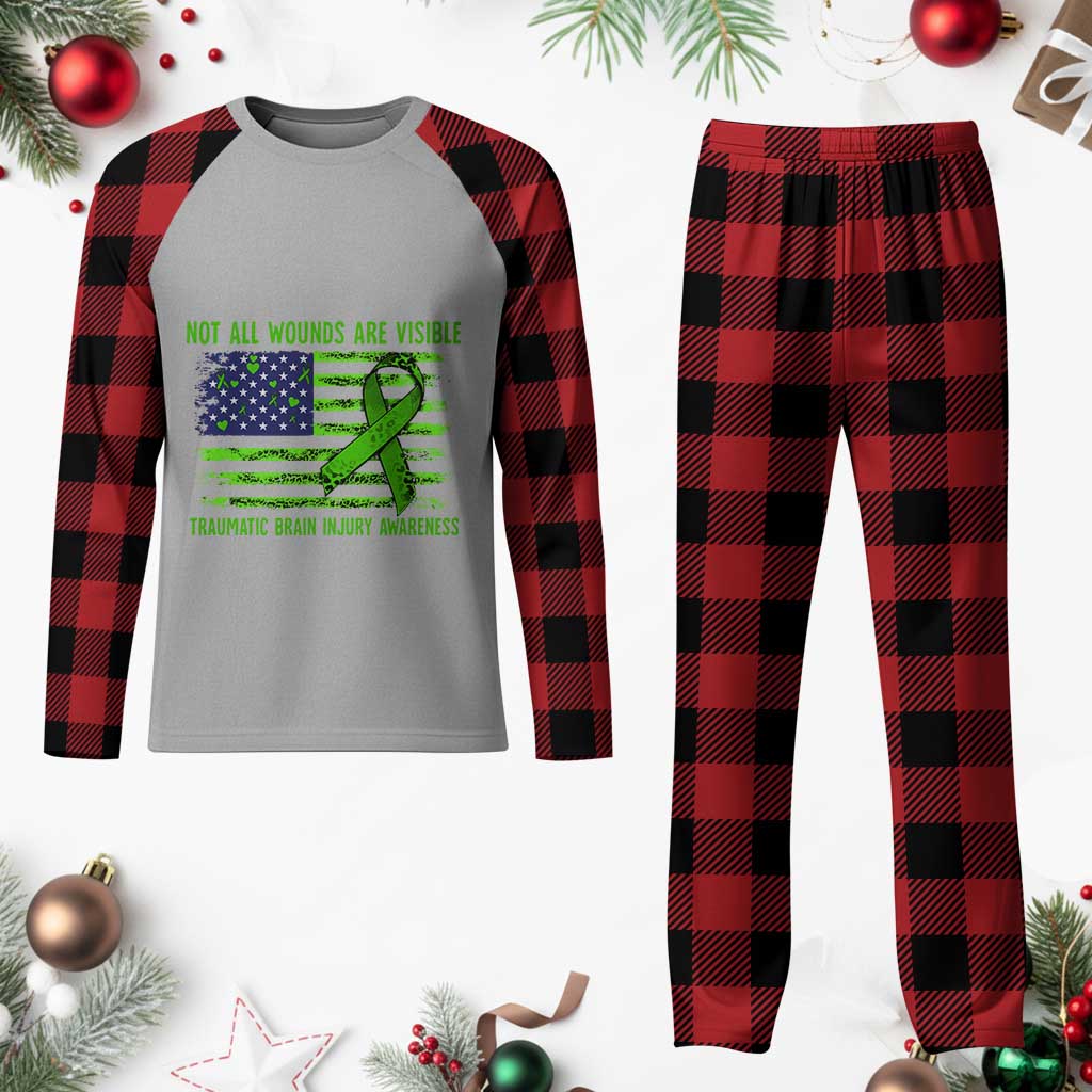 Traumatic Brain Injury Awareness Plaid Pajama Set Not All Wounds Are Visible TBI Warrior American Flag - Wonder Print Shop