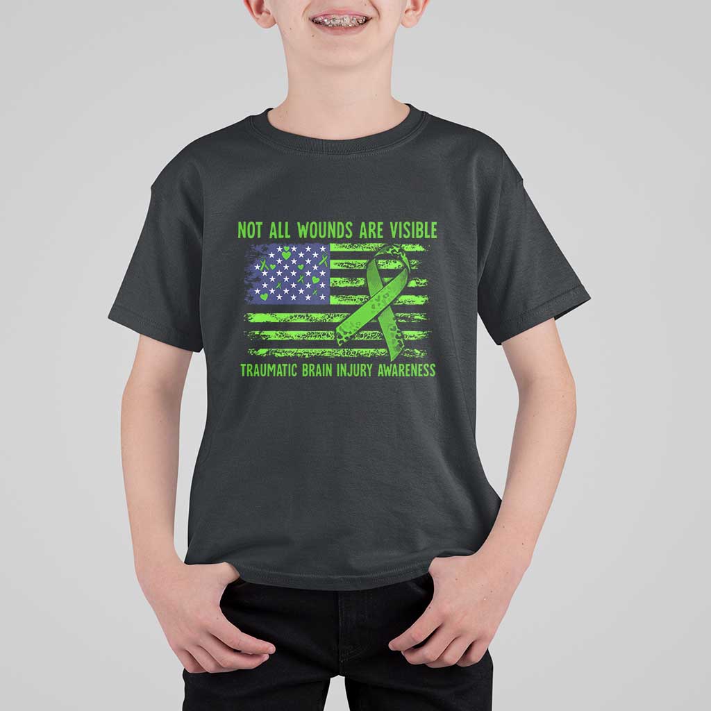 Traumatic Brain Injury Awareness T Shirt For Kid Not All Wounds Are Visible TBI Warrior American Flag