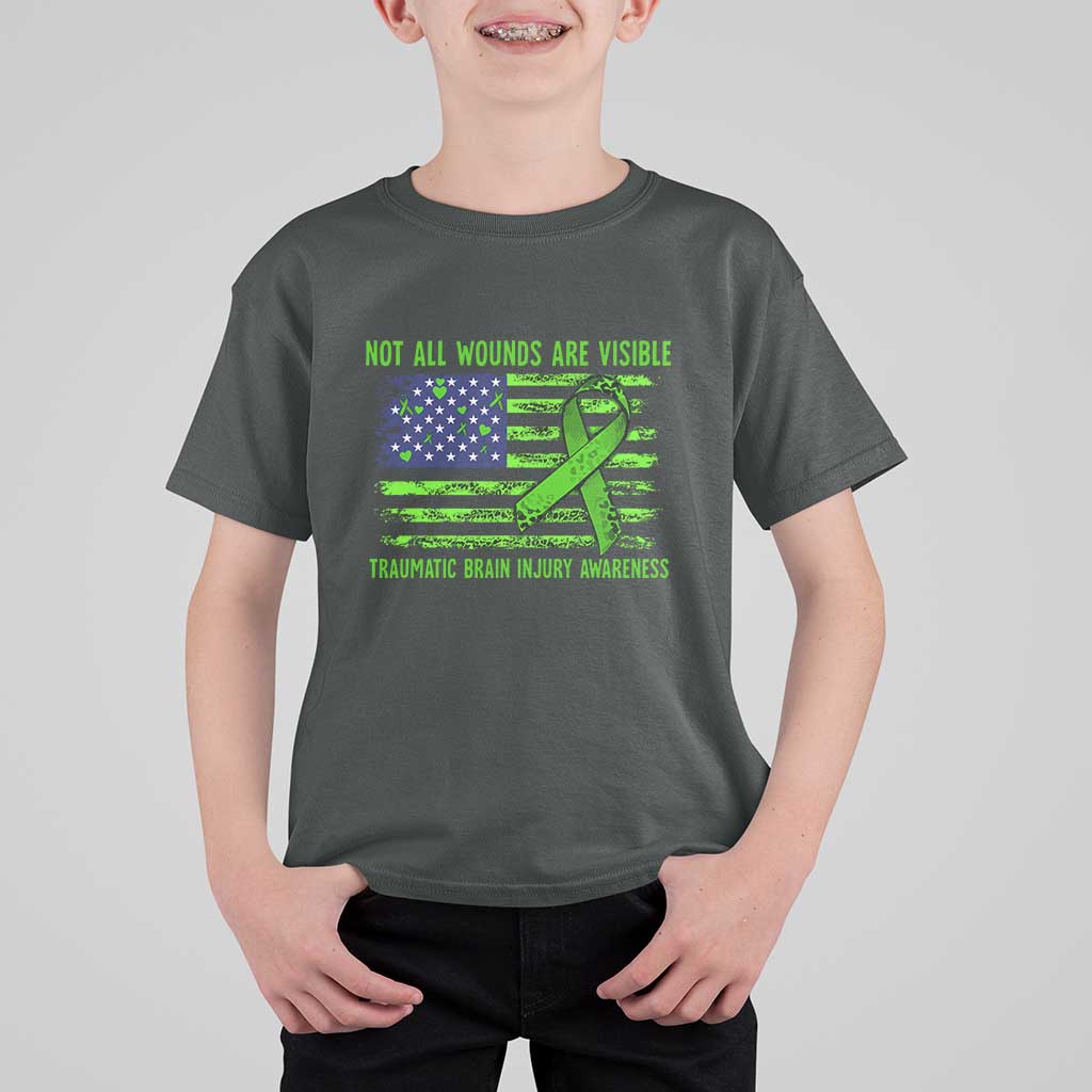 Traumatic Brain Injury Awareness T Shirt For Kid Not All Wounds Are Visible TBI Warrior American Flag