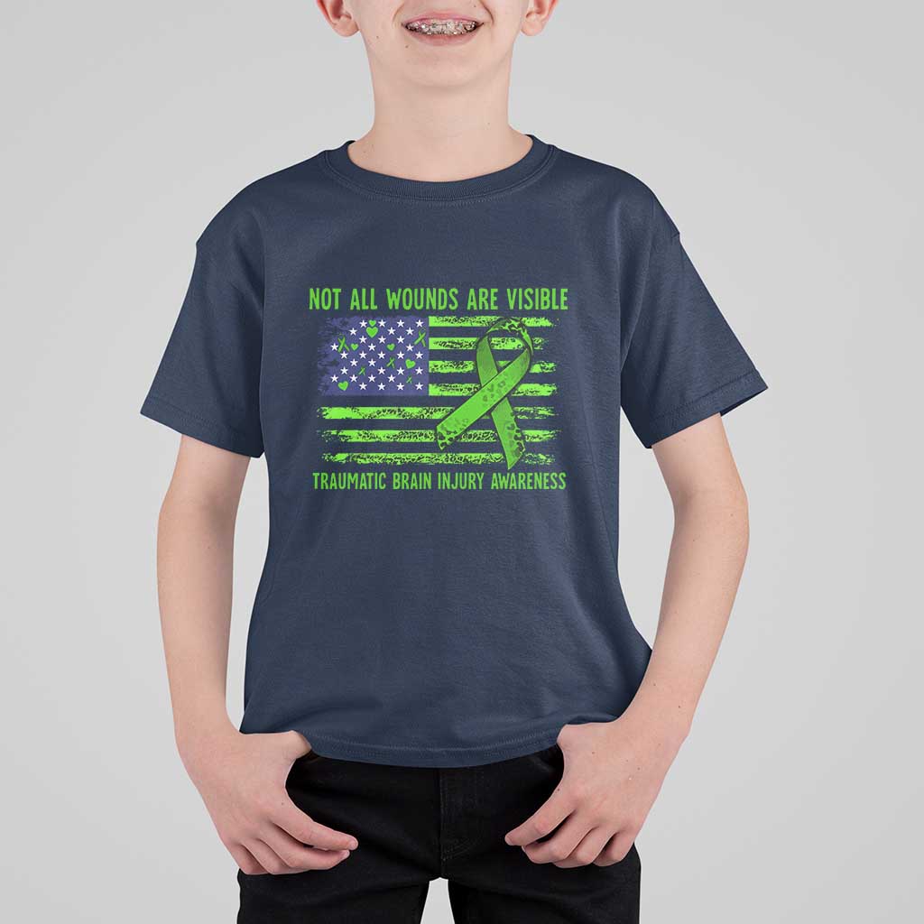 Traumatic Brain Injury Awareness T Shirt For Kid Not All Wounds Are Visible TBI Warrior American Flag