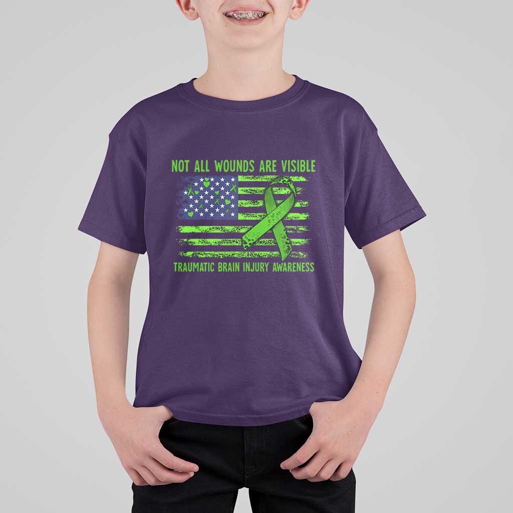 Traumatic Brain Injury Awareness T Shirt For Kid Not All Wounds Are Visible TBI Warrior American Flag