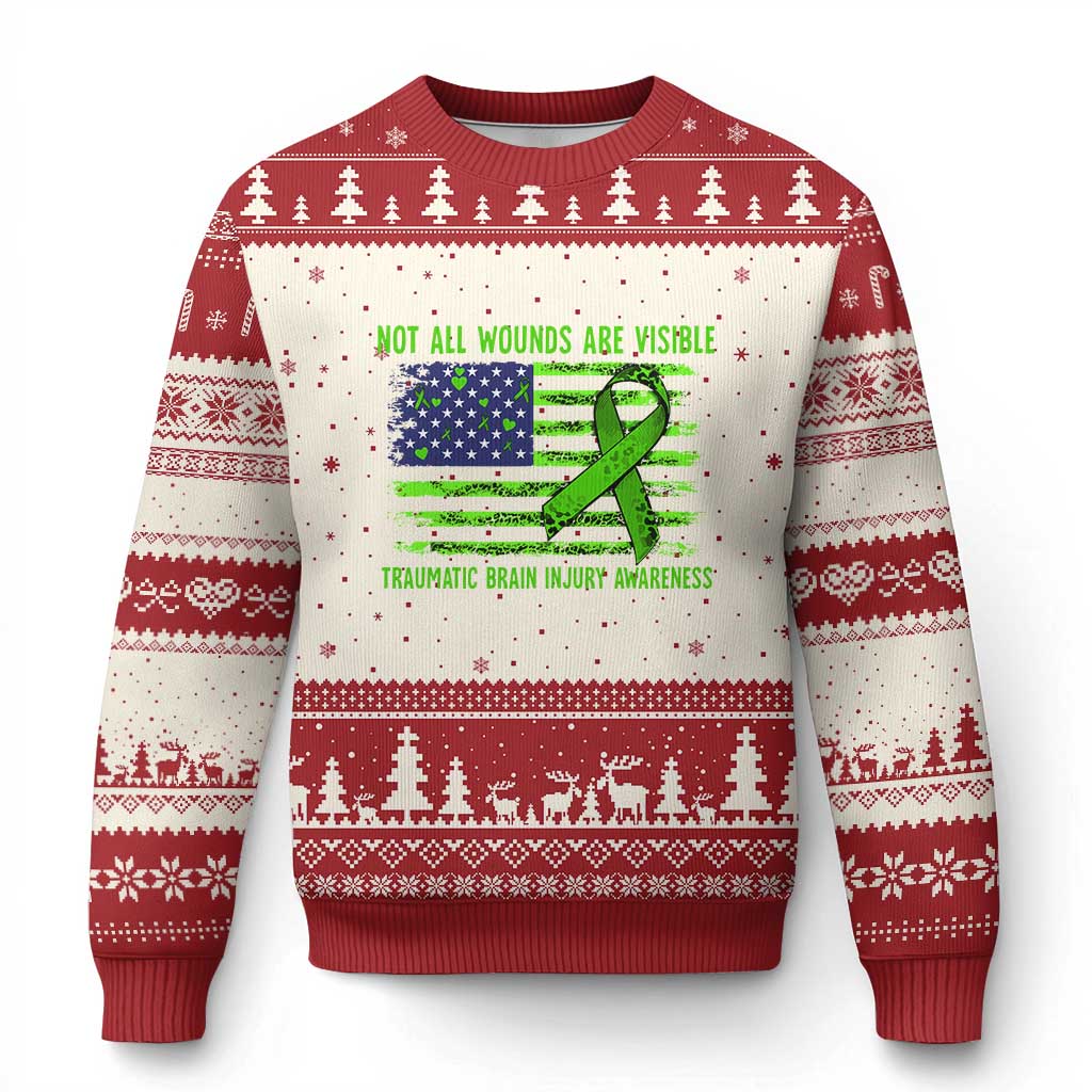 Traumatic Brain Injury Awareness Ugly Christmas Sweater Not All Wounds Are Visible TBI Warrior American Flag - Wonder Print Shop