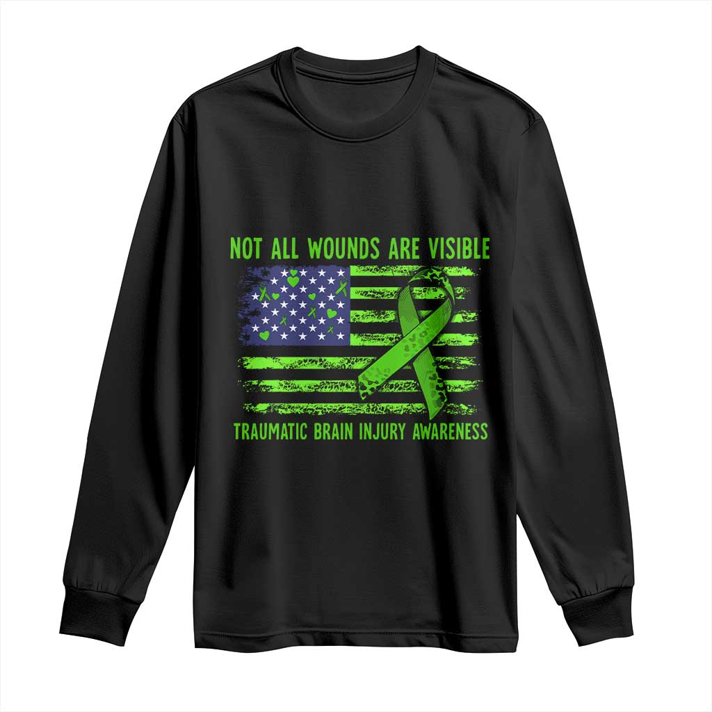Traumatic Brain Injury Awareness Long Sleeve Shirt Not All Wounds Are Visible TBI Warrior American Flag