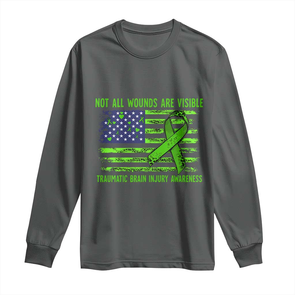 Traumatic Brain Injury Awareness Long Sleeve Shirt Not All Wounds Are Visible TBI Warrior American Flag