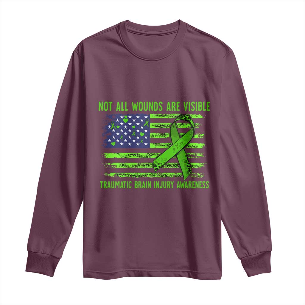 Traumatic Brain Injury Awareness Long Sleeve Shirt Not All Wounds Are Visible TBI Warrior American Flag