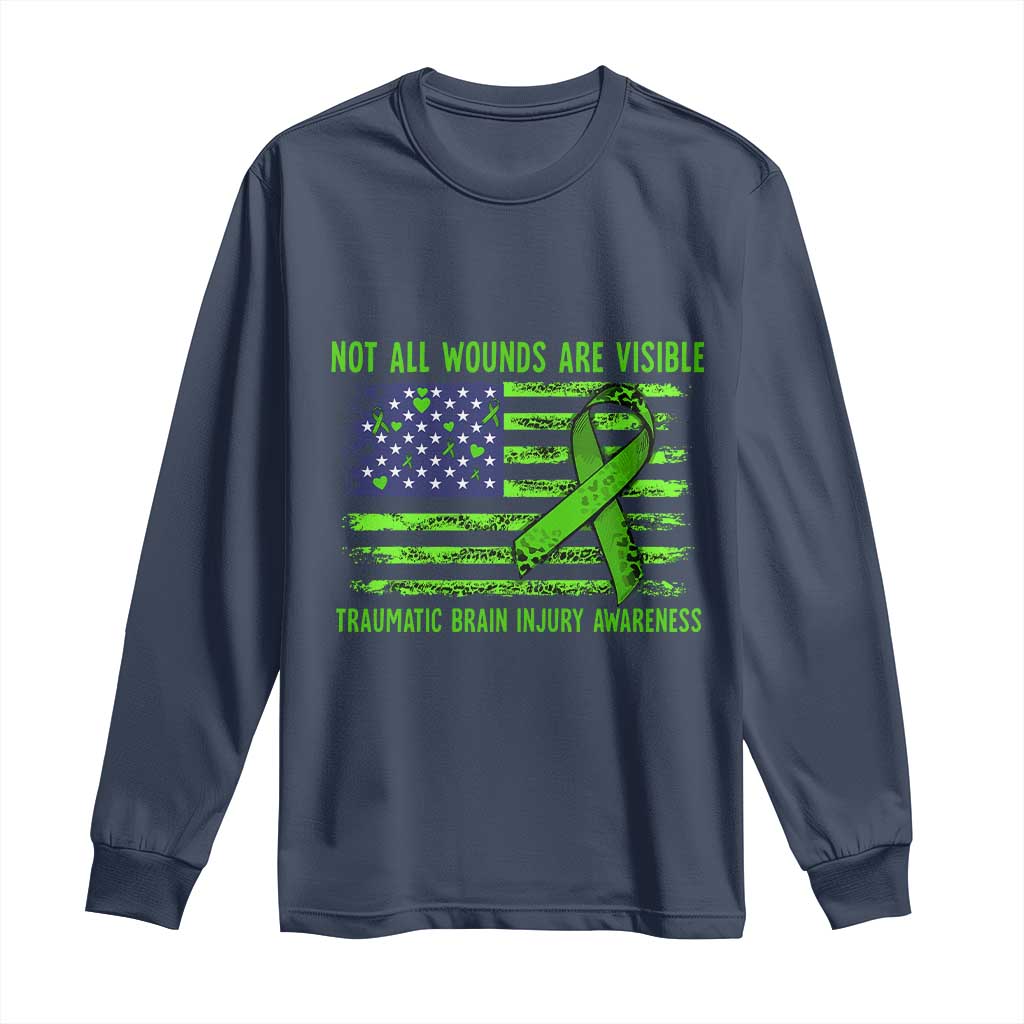 Traumatic Brain Injury Awareness Long Sleeve Shirt Not All Wounds Are Visible TBI Warrior American Flag