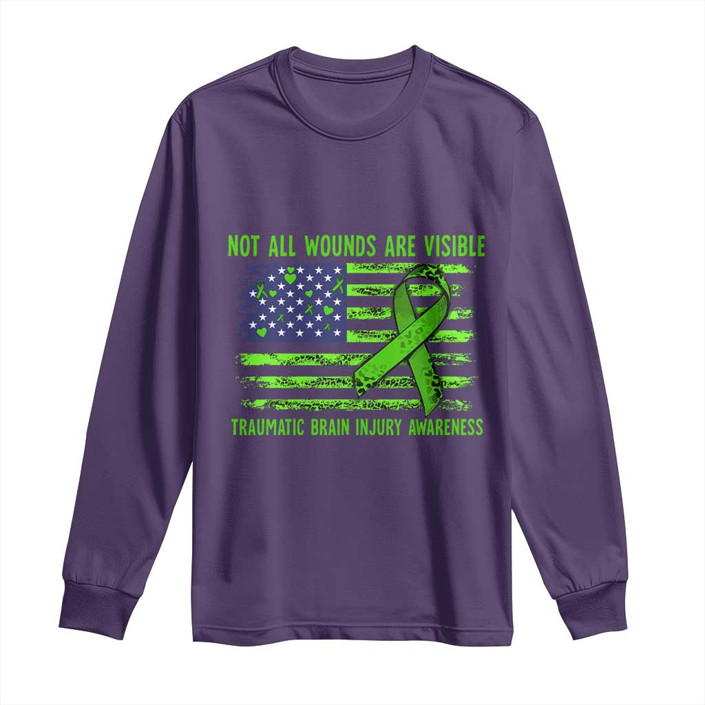 Traumatic Brain Injury Awareness Long Sleeve Shirt Not All Wounds Are Visible TBI Warrior American Flag