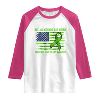 Traumatic Brain Injury Awareness Raglan Shirt Not All Wounds Are Visible TBI Warrior American Flag