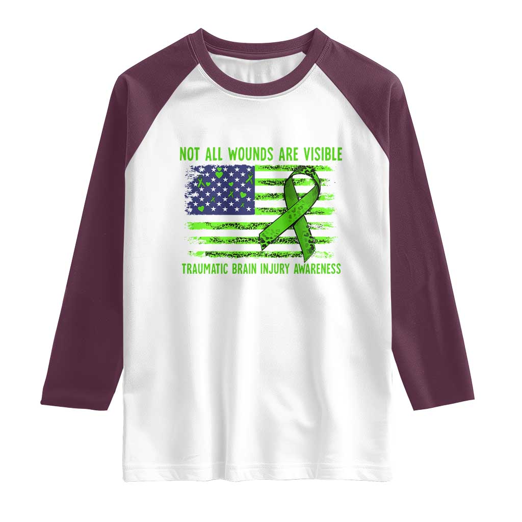 Traumatic Brain Injury Awareness Raglan Shirt Not All Wounds Are Visible TBI Warrior American Flag