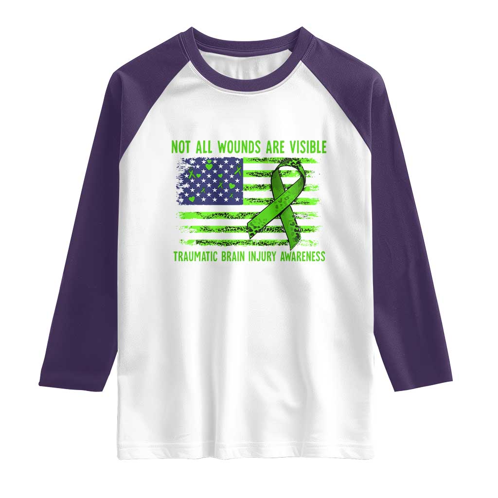 Traumatic Brain Injury Awareness Raglan Shirt Not All Wounds Are Visible TBI Warrior American Flag