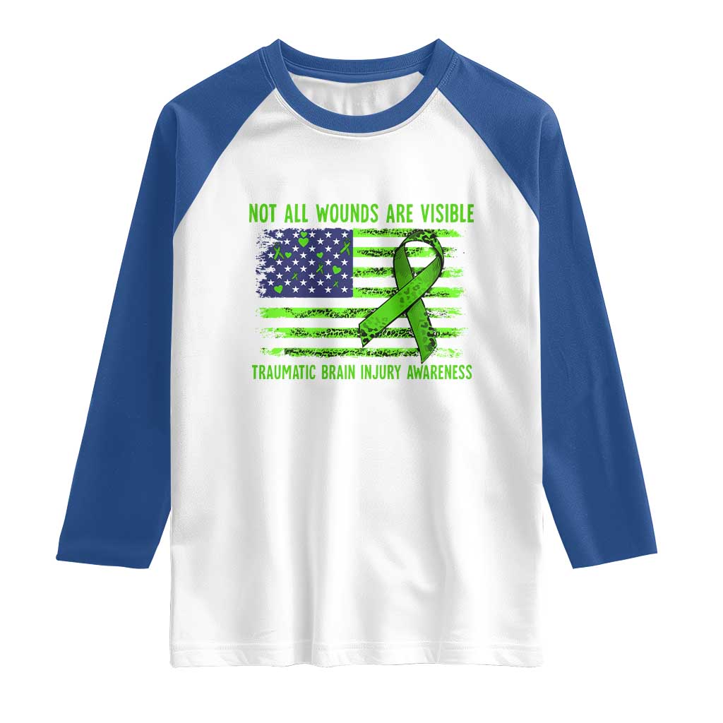 Traumatic Brain Injury Awareness Raglan Shirt Not All Wounds Are Visible TBI Warrior American Flag