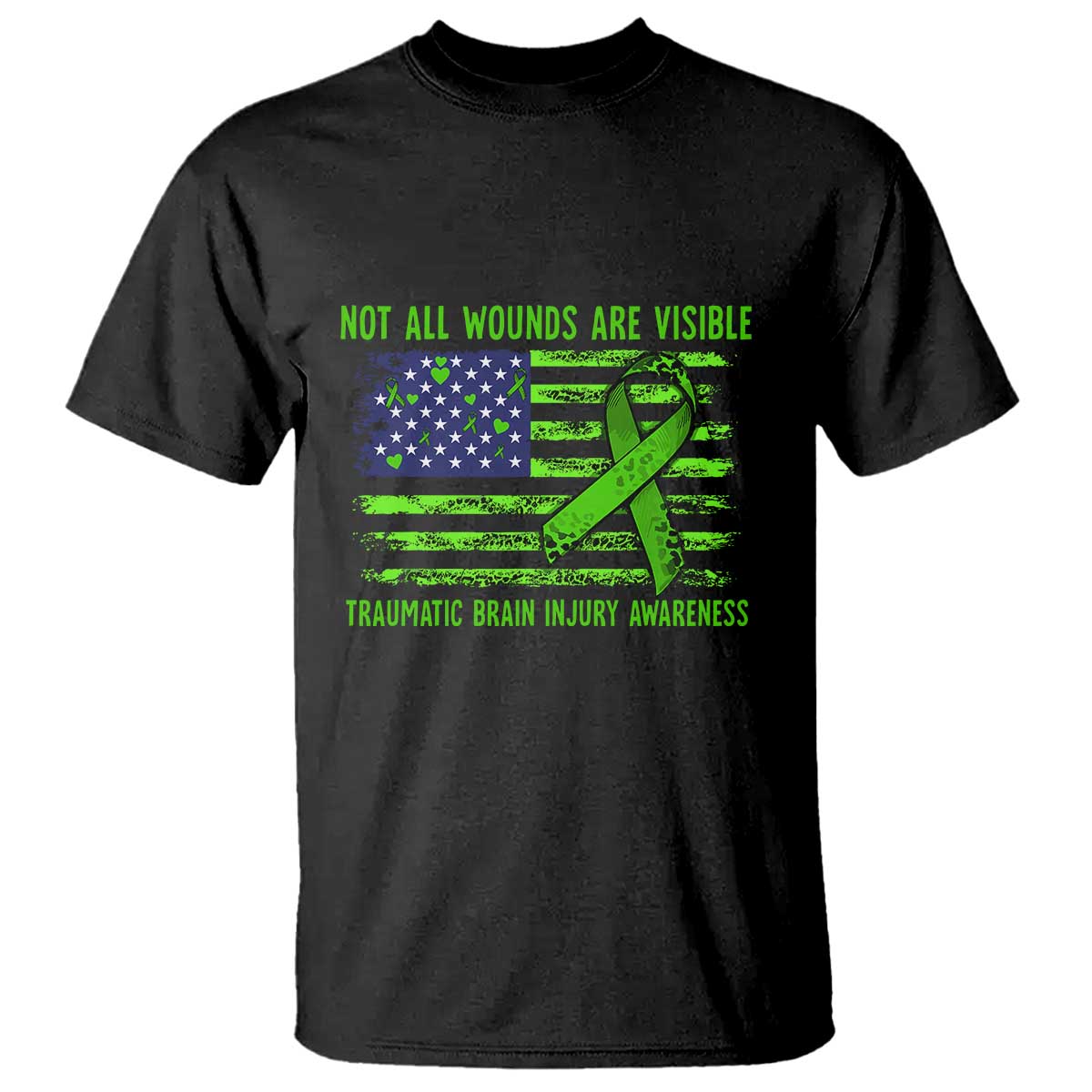 Traumatic Brain Injury Awareness T Shirt Not All Wounds Are Visible TBI Warrior American Flag