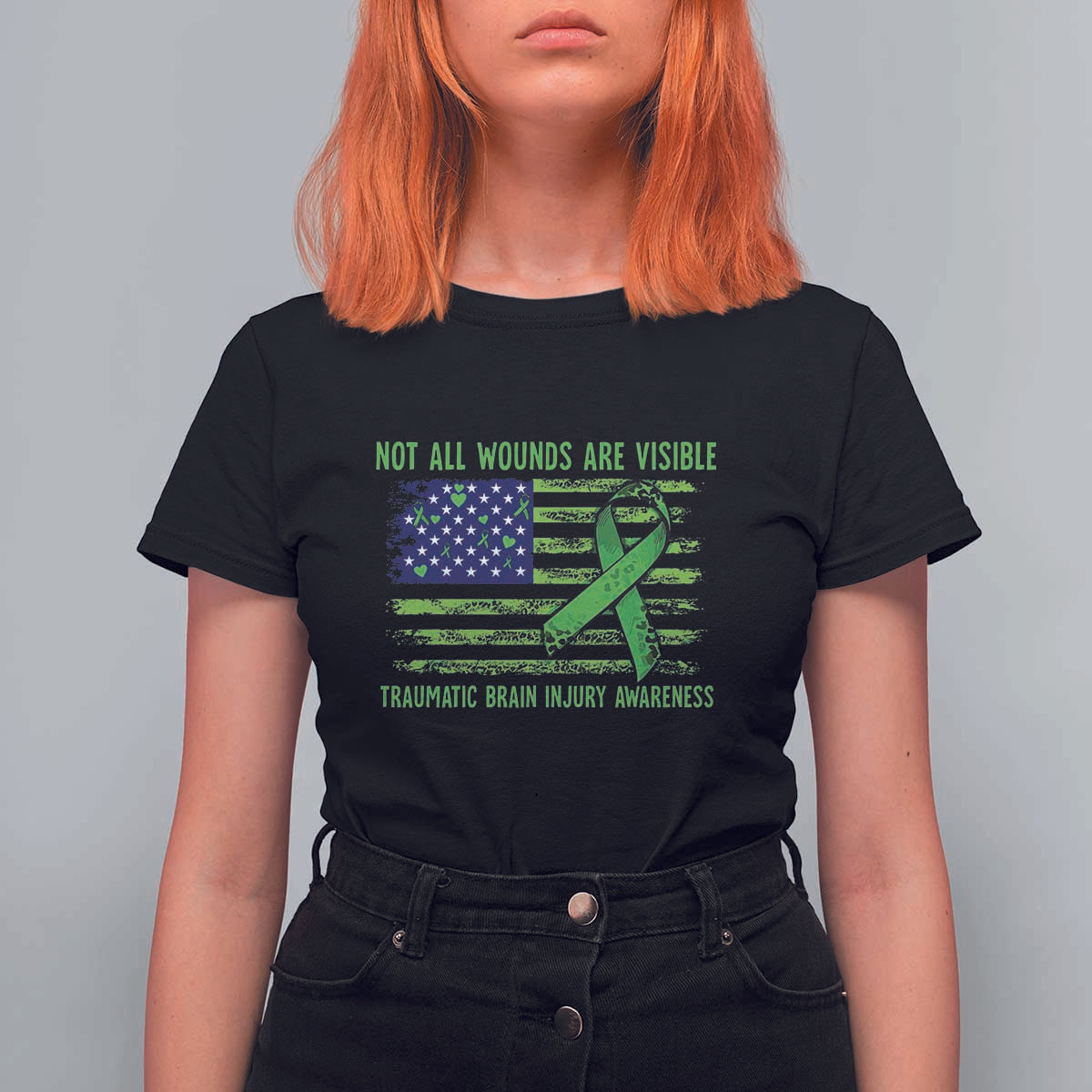 Traumatic Brain Injury Awareness T Shirt For Women Not All Wounds Are Visible TBI Warrior American Flag