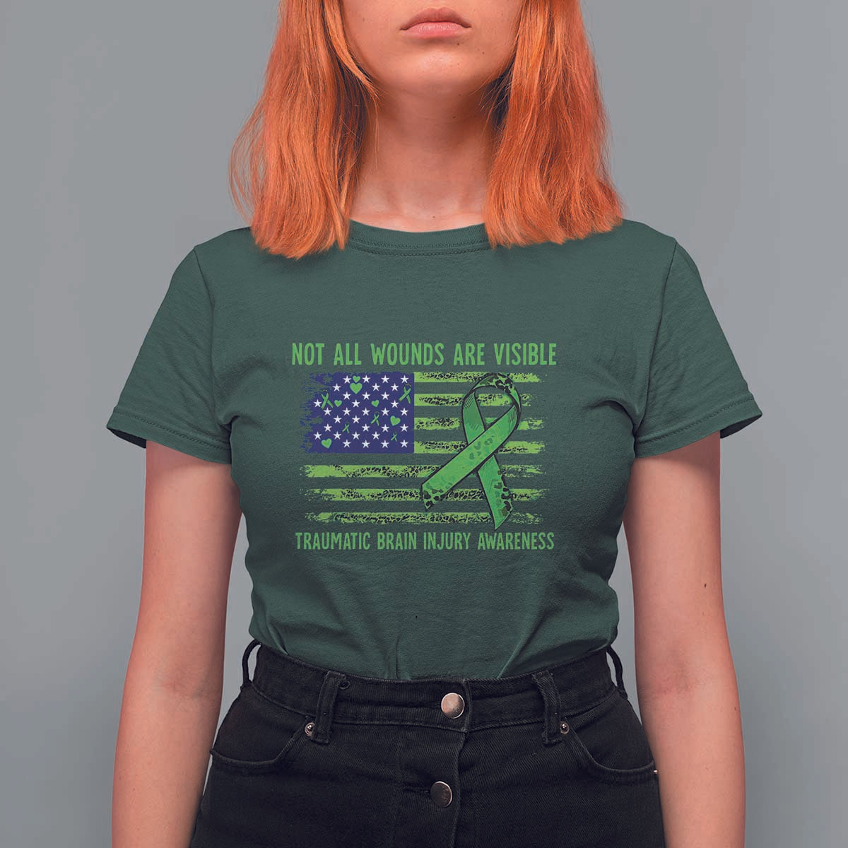 Traumatic Brain Injury Awareness T Shirt For Women Not All Wounds Are Visible TBI Warrior American Flag