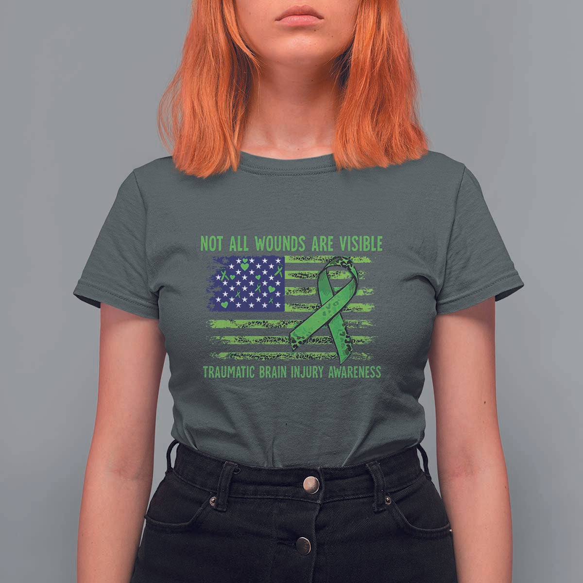 Traumatic Brain Injury Awareness T Shirt For Women Not All Wounds Are Visible TBI Warrior American Flag