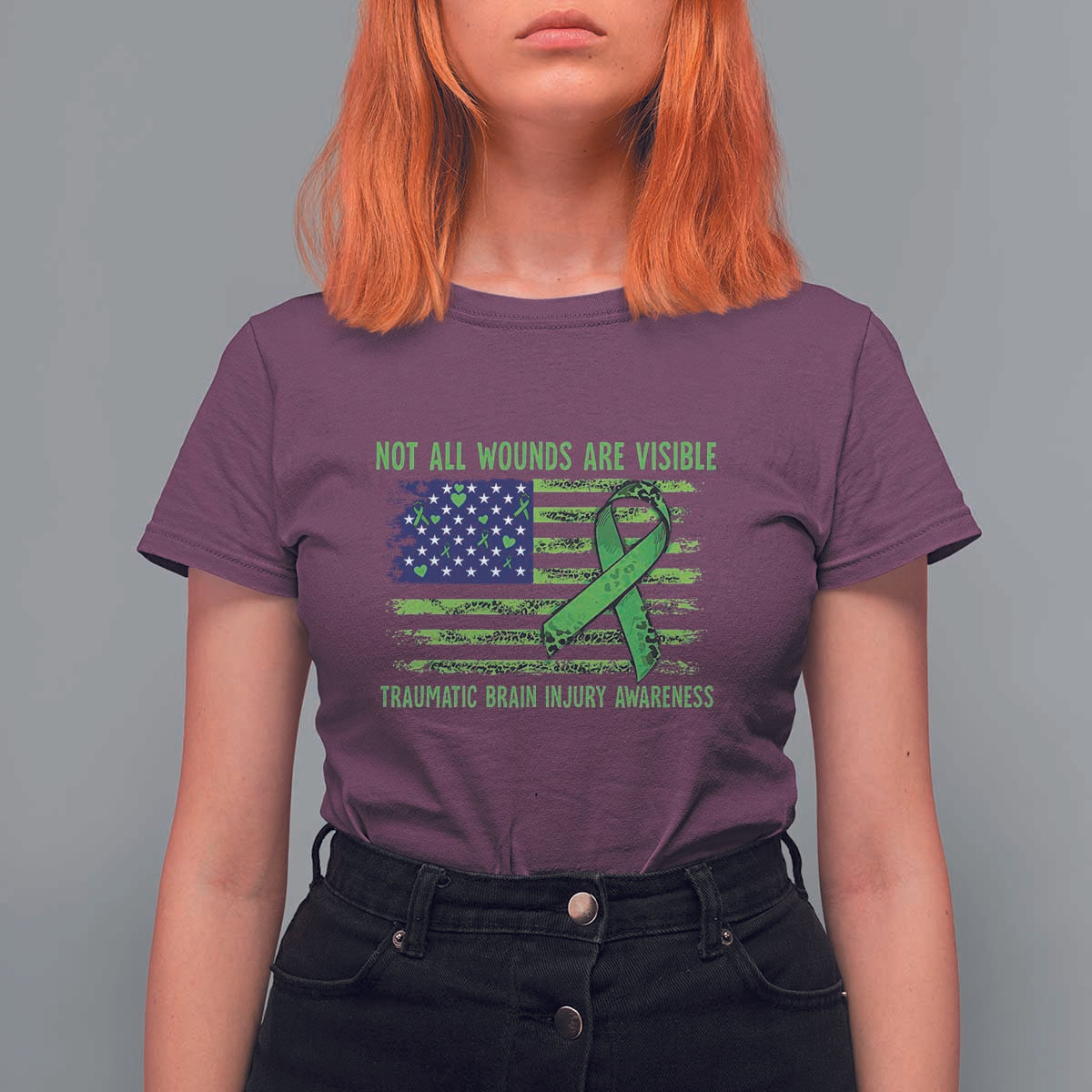 Traumatic Brain Injury Awareness T Shirt For Women Not All Wounds Are Visible TBI Warrior American Flag