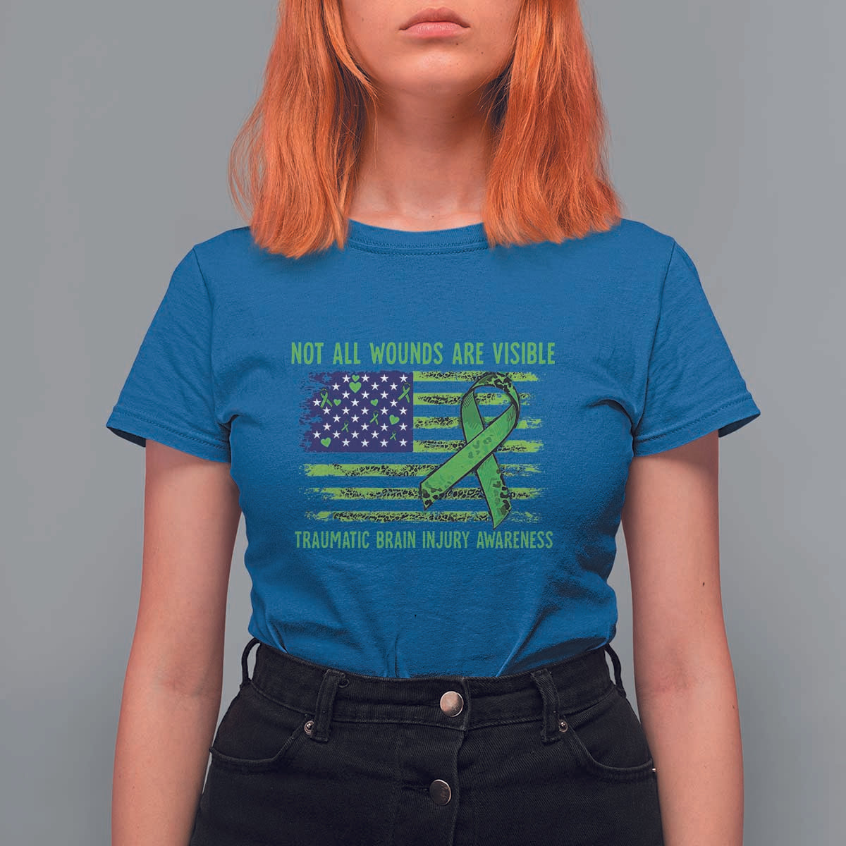 Traumatic Brain Injury Awareness T Shirt For Women Not All Wounds Are Visible TBI Warrior American Flag