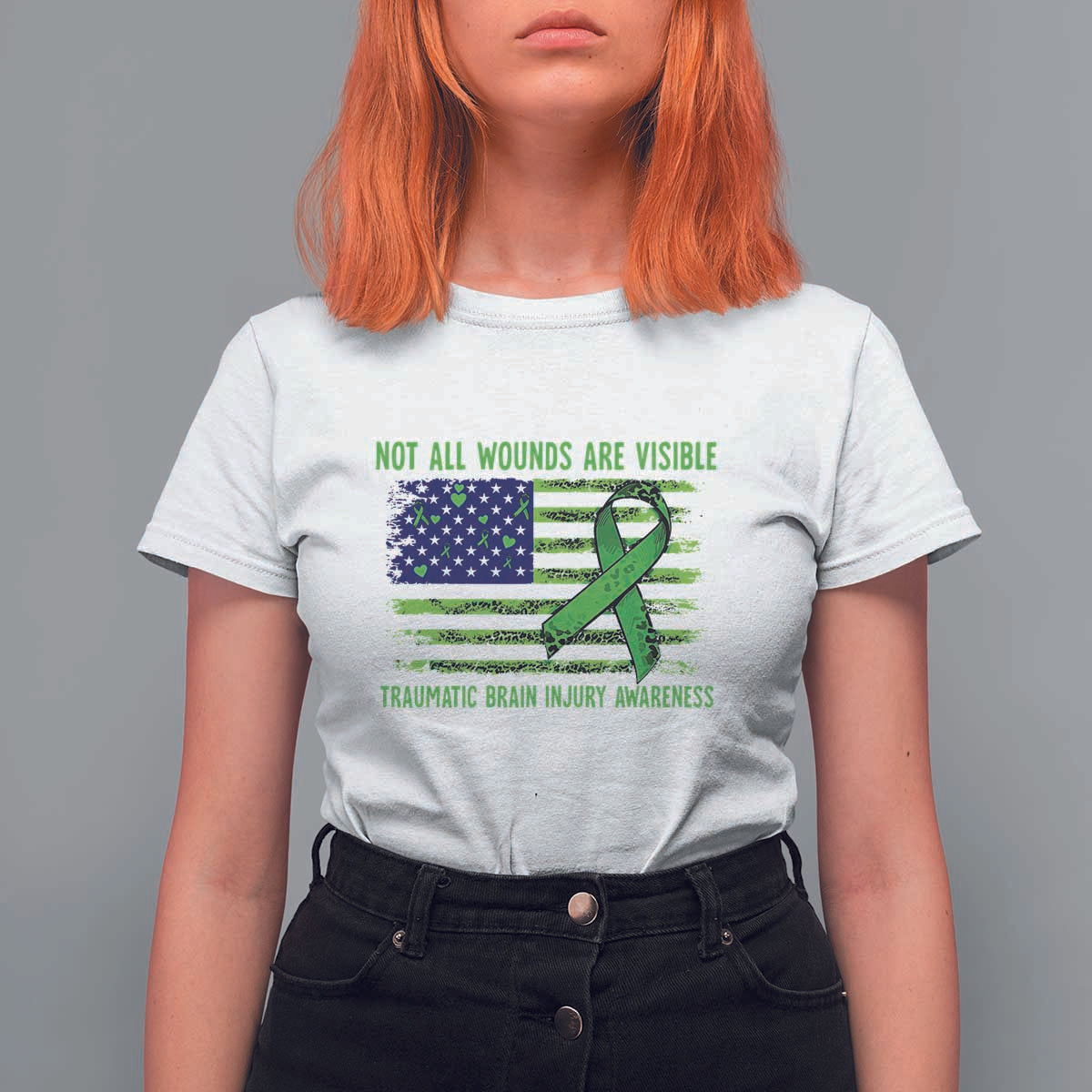 Traumatic Brain Injury Awareness T Shirt For Women Not All Wounds Are Visible TBI Warrior American Flag