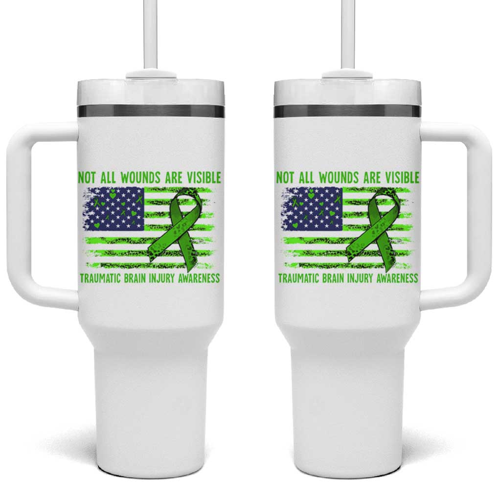Traumatic Brain Injury Awareness Tumbler With Handle Not All Wounds Are Visible TBI Warrior American Flag