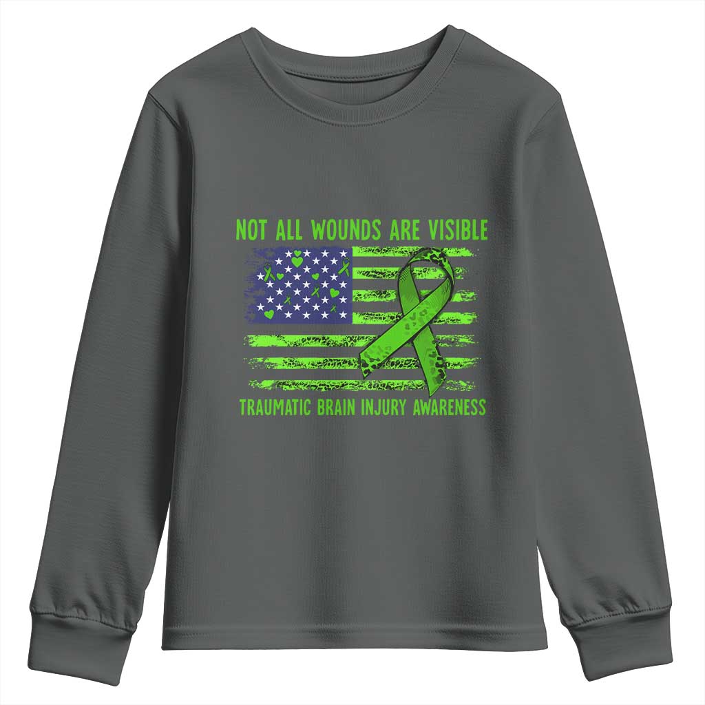 Traumatic Brain Injury Awareness Youth Sweatshirt Not All Wounds Are Visible TBI Warrior American Flag