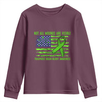 Traumatic Brain Injury Awareness Youth Sweatshirt Not All Wounds Are Visible TBI Warrior American Flag