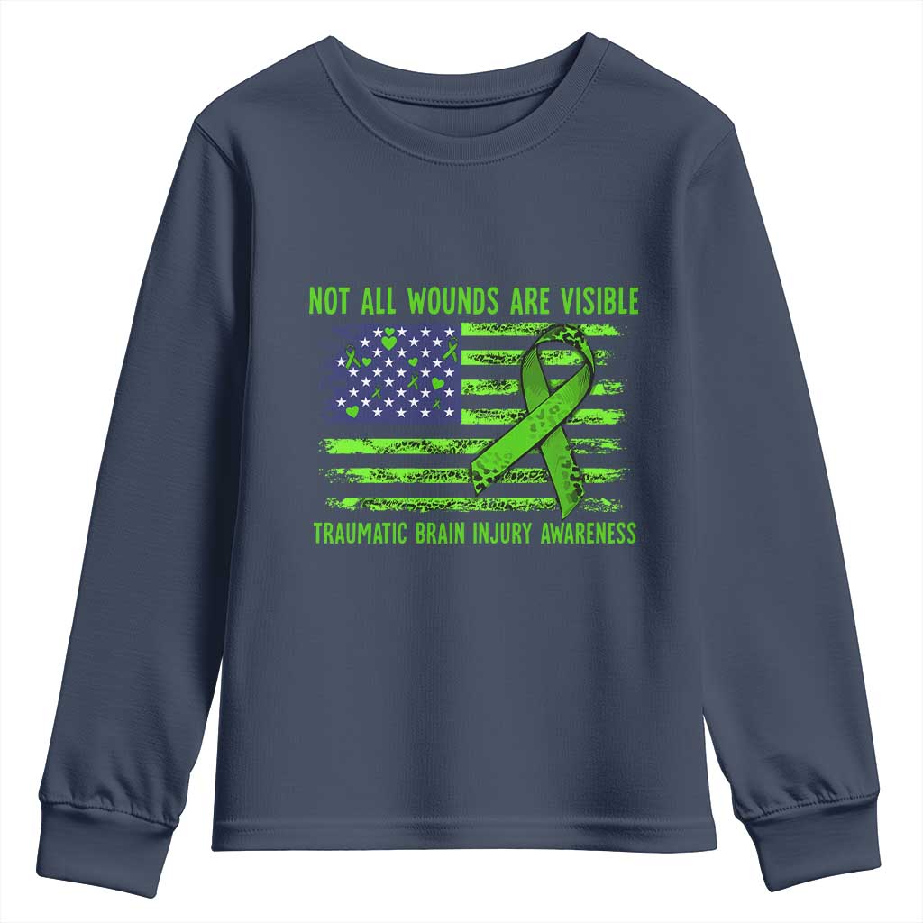 Traumatic Brain Injury Awareness Youth Sweatshirt Not All Wounds Are Visible TBI Warrior American Flag