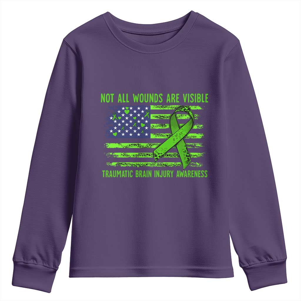 Traumatic Brain Injury Awareness Youth Sweatshirt Not All Wounds Are Visible TBI Warrior American Flag