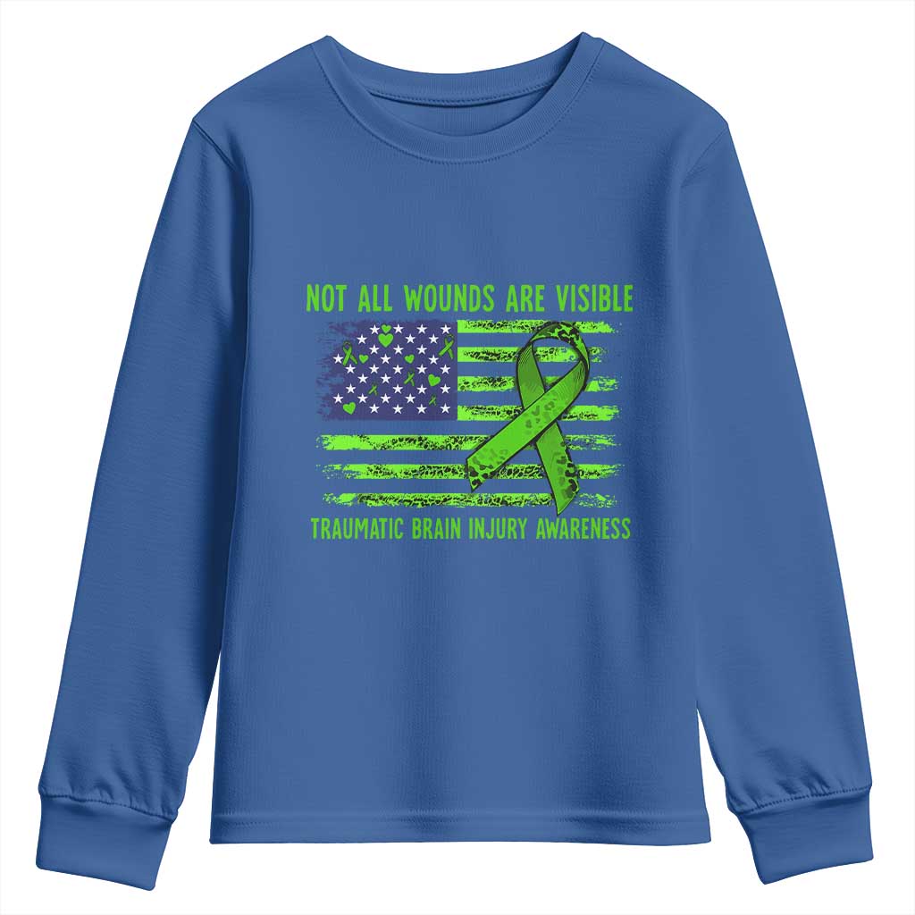 Traumatic Brain Injury Awareness Youth Sweatshirt Not All Wounds Are Visible TBI Warrior American Flag