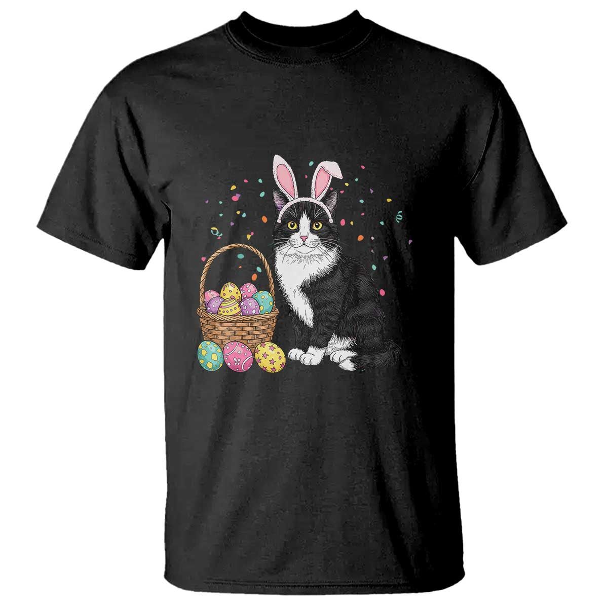 Easter Day Cat Bunny Ears Eggs Graphic T Shirt - Wonder Print Shop