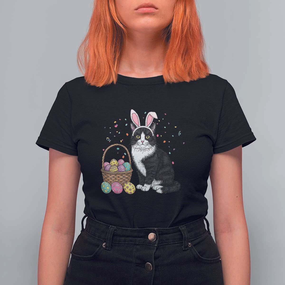 Easter Day Cat Bunny Ears Eggs Graphic T Shirt For Women - Wonder Print Shop