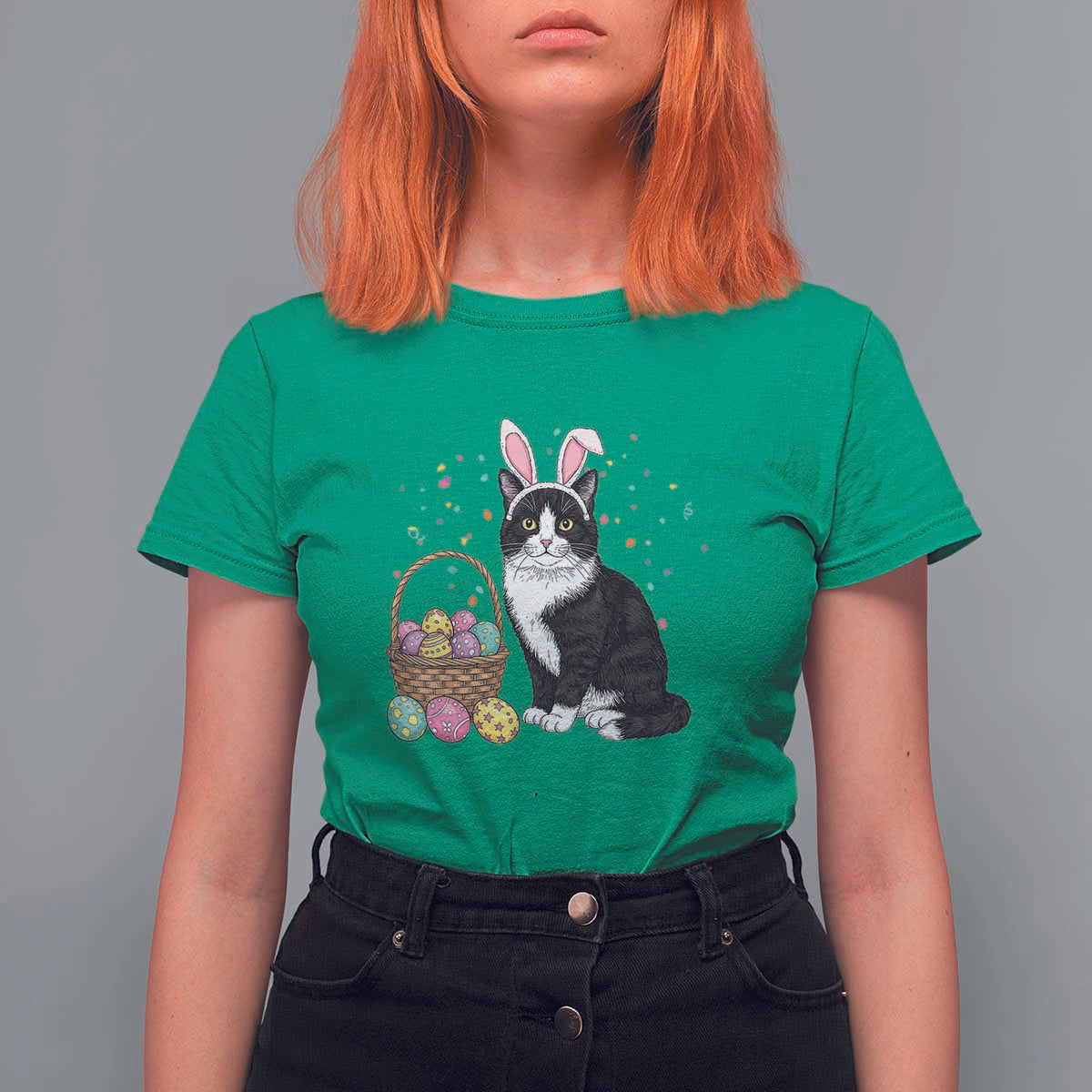 Easter Day Cat Bunny Ears Eggs Graphic T Shirt For Women - Wonder Print Shop