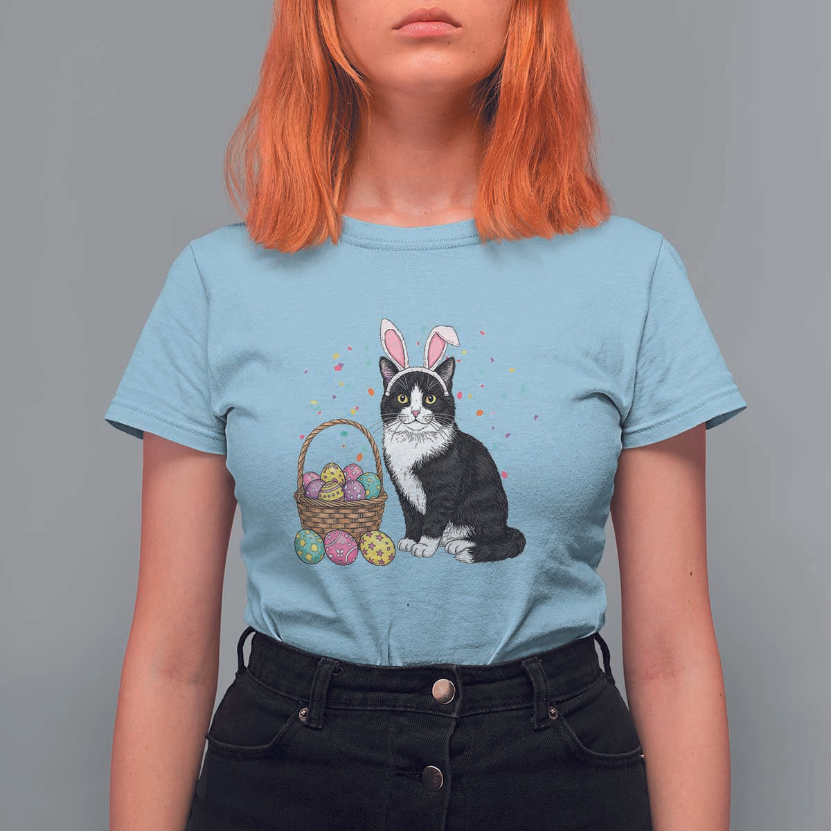 Easter Day Cat Bunny Ears Eggs Graphic T Shirt For Women - Wonder Print Shop