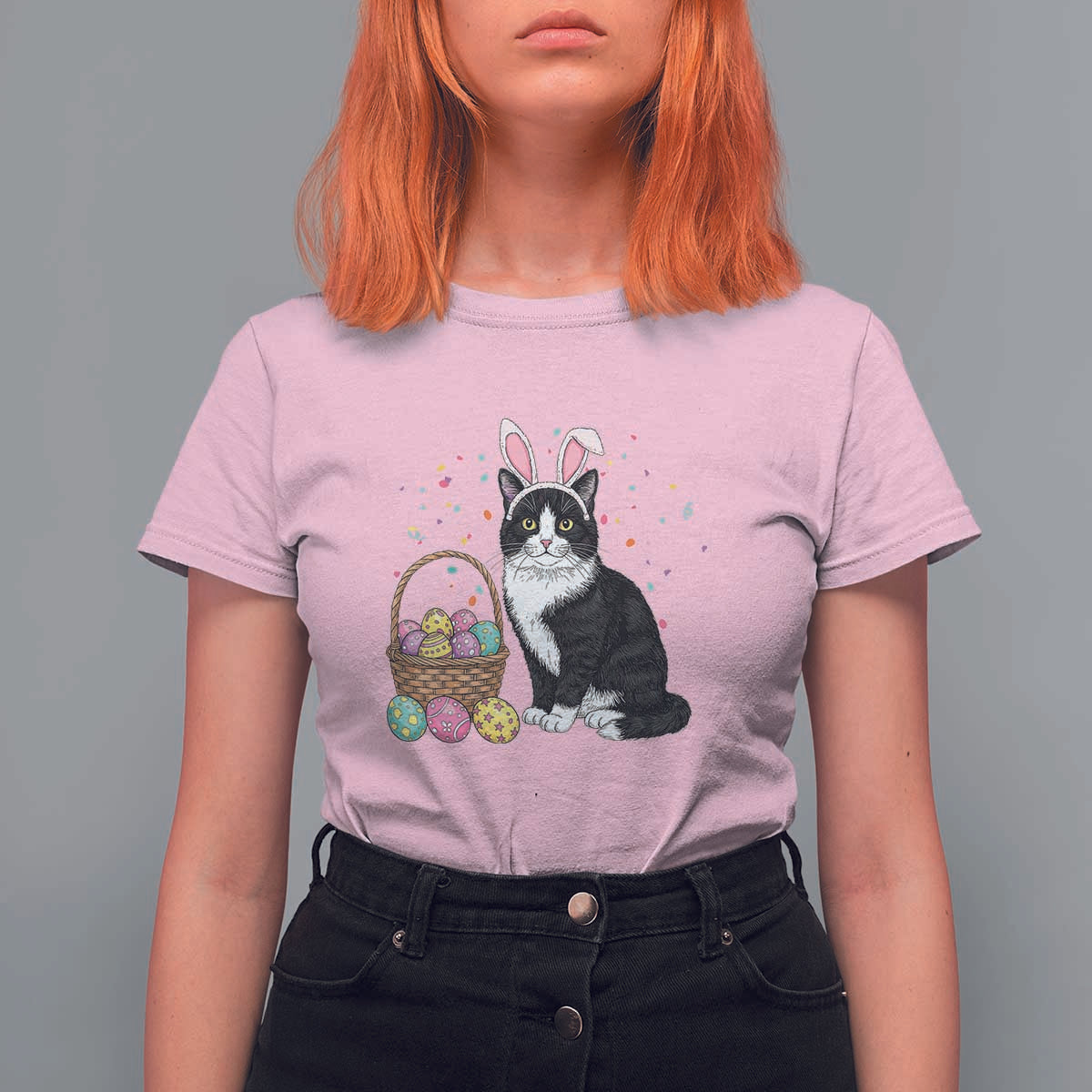 Easter Day Cat Bunny Ears Eggs Graphic T Shirt For Women - Wonder Print Shop