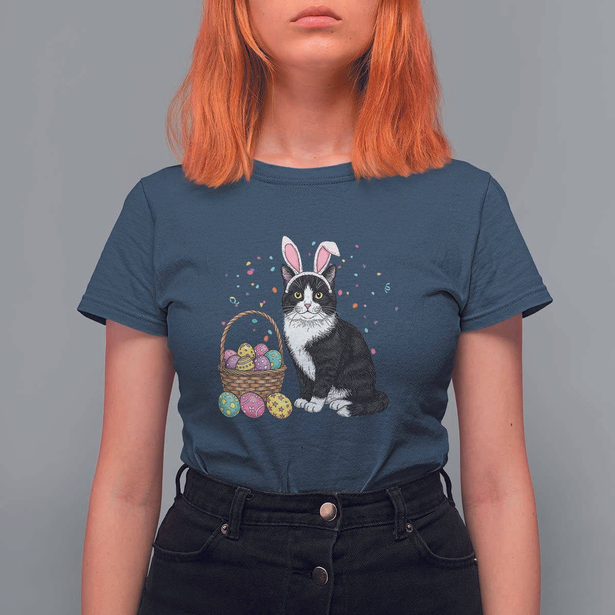 Easter Day Cat Bunny Ears Eggs Graphic T Shirt For Women - Wonder Print Shop