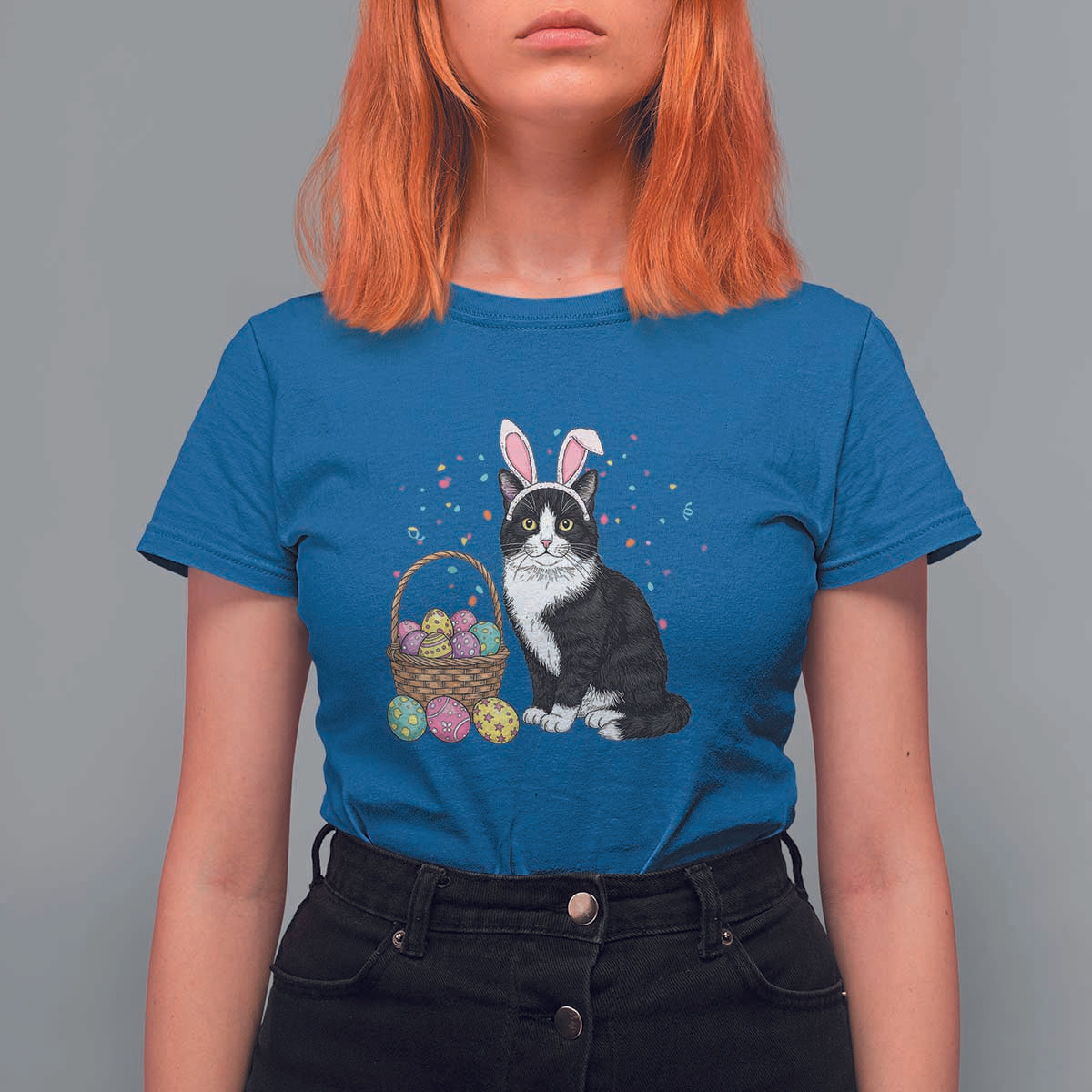 Easter Day Cat Bunny Ears Eggs Graphic T Shirt For Women - Wonder Print Shop