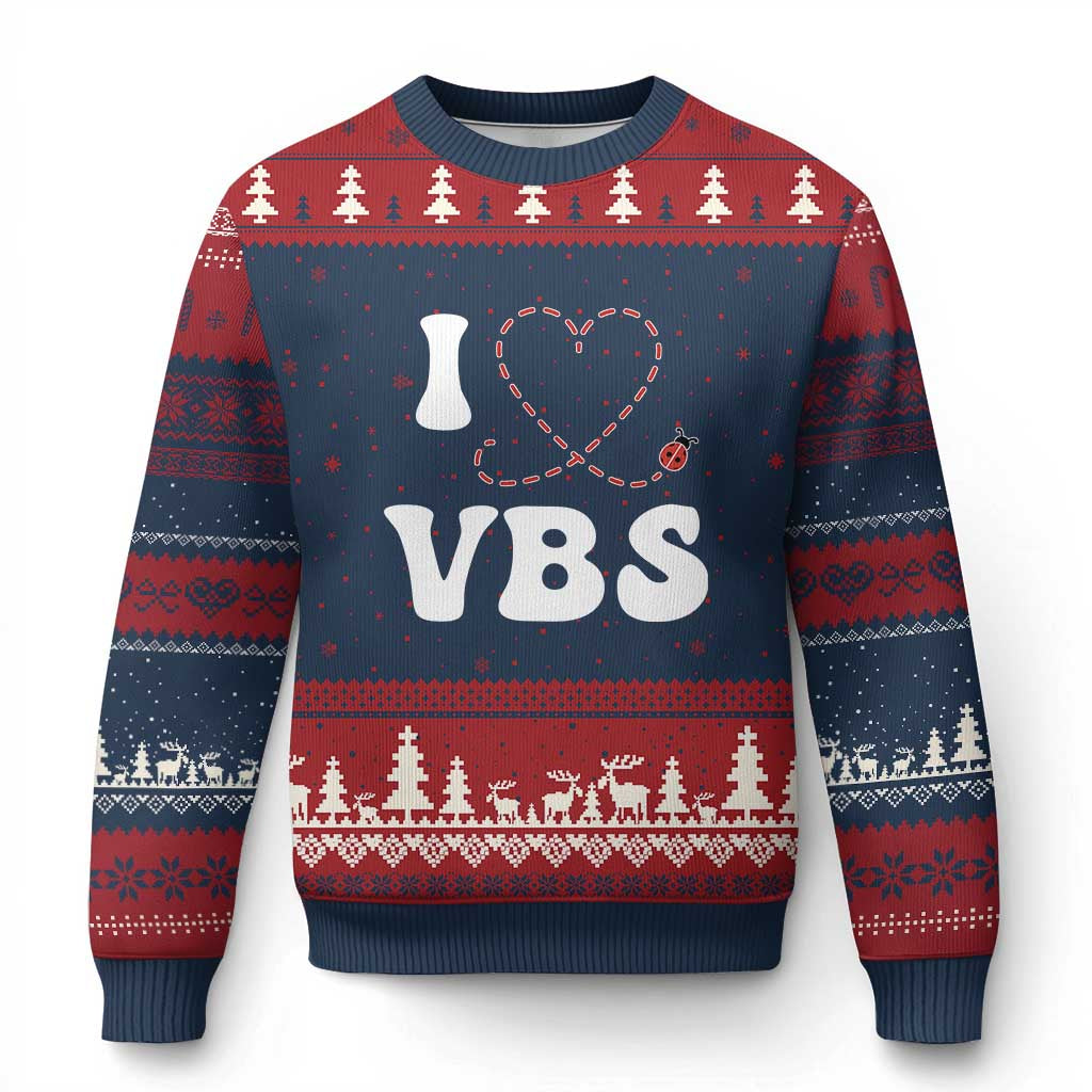 I Love VBS 2025 Ugly Christmas Sweater Vacation Bible School Ladybug VBS Team - Wonder Print Shop