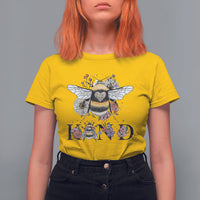 Women's yellow crewneck t-shirt with bee-and-floral retro graphic and BE KIND print