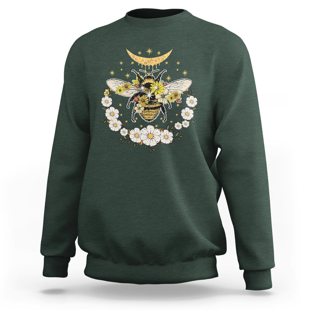 Celestial Retro Floral Bee And Crescent Moon Beehive Honey Bee Shirt for Women, Bee T-shirt, Bee Lover Gift, Insect Shirts, Spiritual Shirt Sweatshirt - Wonder Print Shop