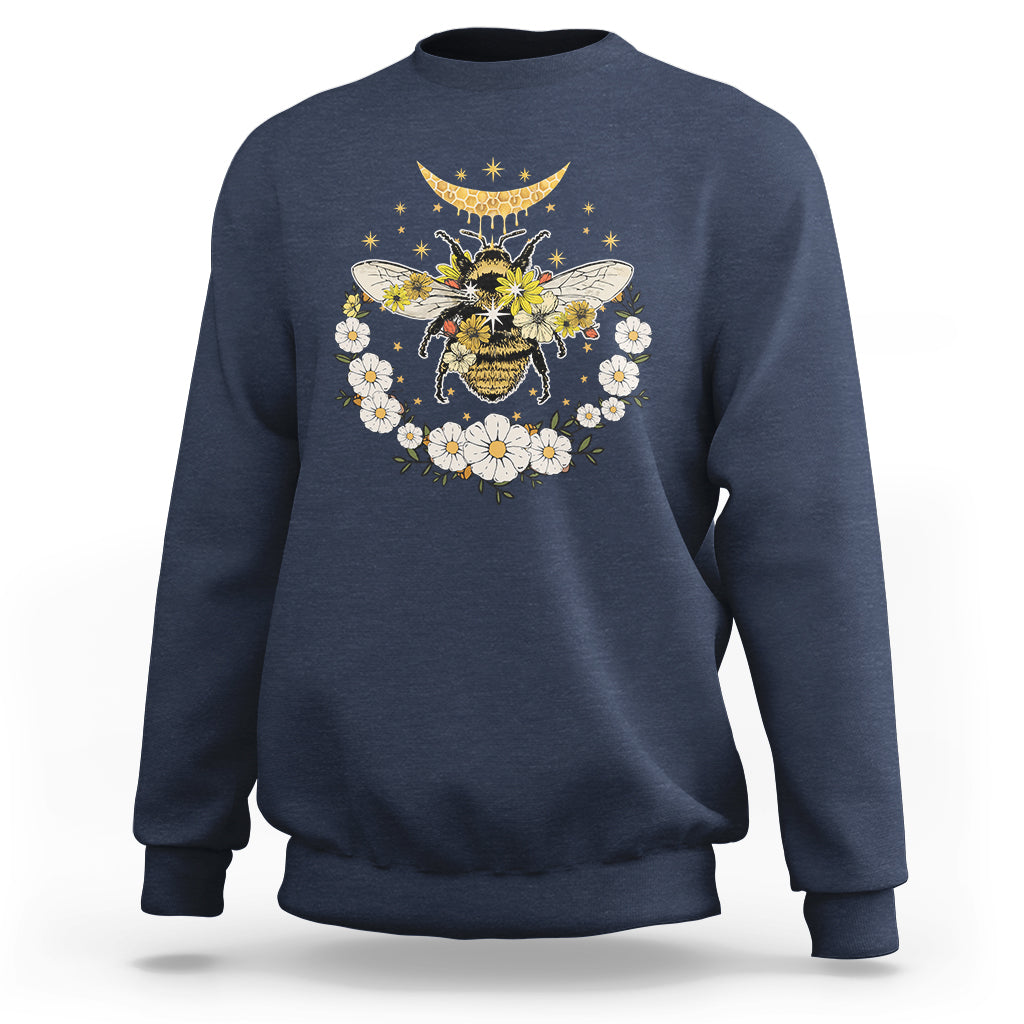 Celestial Retro Floral Bee And Crescent Moon Beehive Honey Bee Shirt for Women, Bee T-shirt, Bee Lover Gift, Insect Shirts, Spiritual Shirt Sweatshirt - Wonder Print Shop