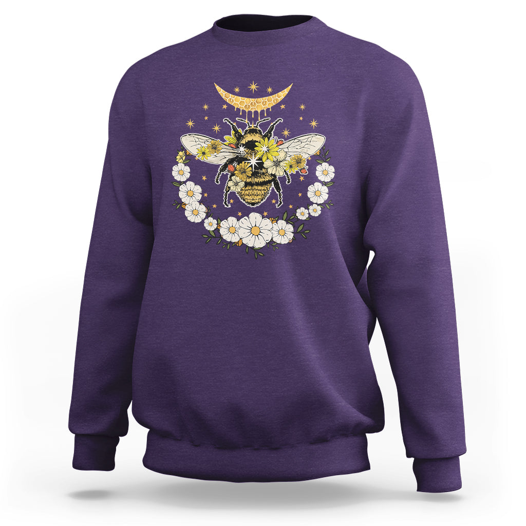Celestial Retro Floral Bee And Crescent Moon Beehive Honey Bee Shirt for Women, Bee T-shirt, Bee Lover Gift, Insect Shirts, Spiritual Shirt Sweatshirt - Wonder Print Shop