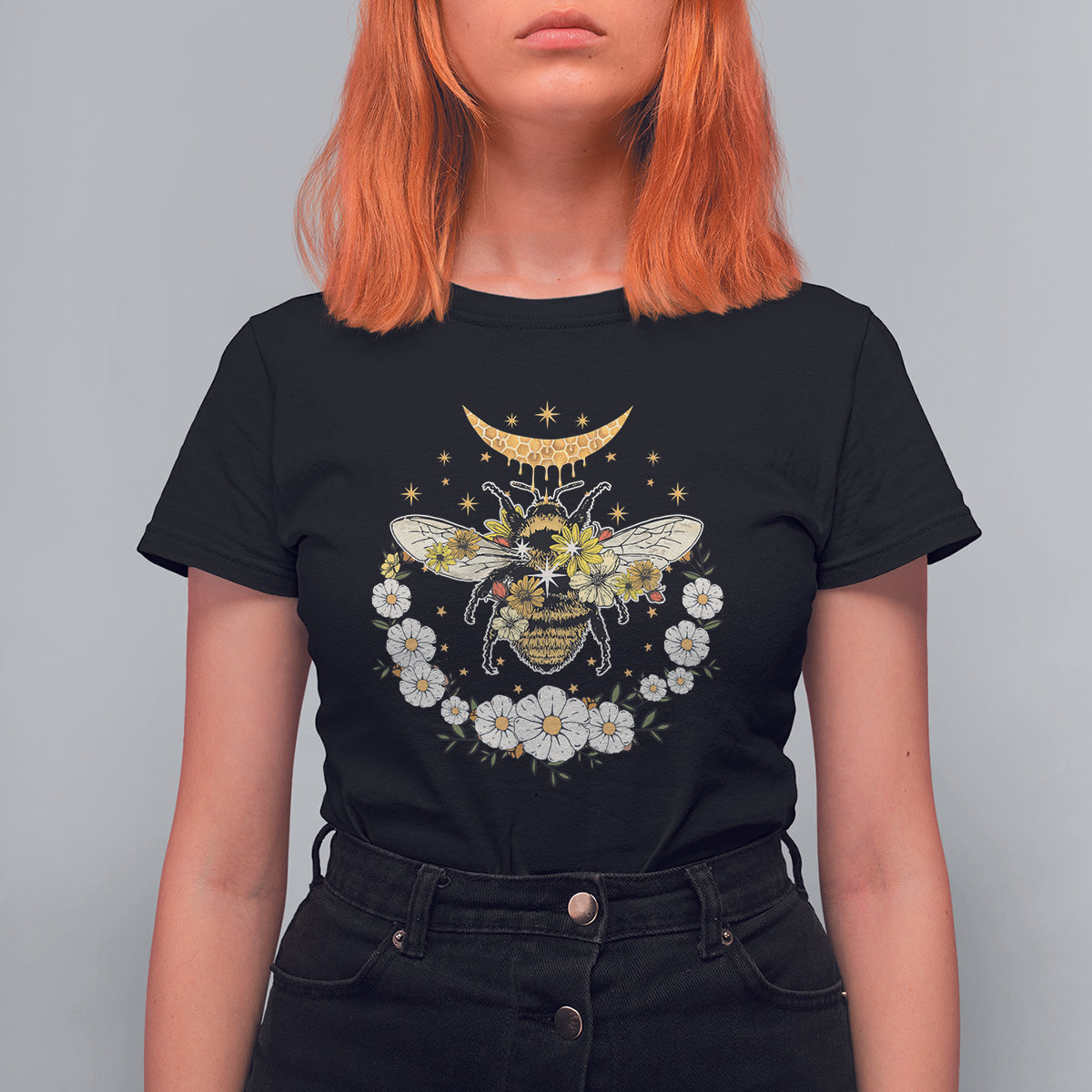 Celestial Retro Floral Bee And Crescent Moon Beehive Honey Bee Shirt for Women, Bee T-shirt, Bee Lover Gift, Insect Shirts, Spiritual Shirt T Shirt For Women - Wonder Print Shop