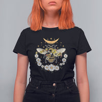 Black crew-neck women’s t-shirt with bee, crescent moon, and floral wreath graphic