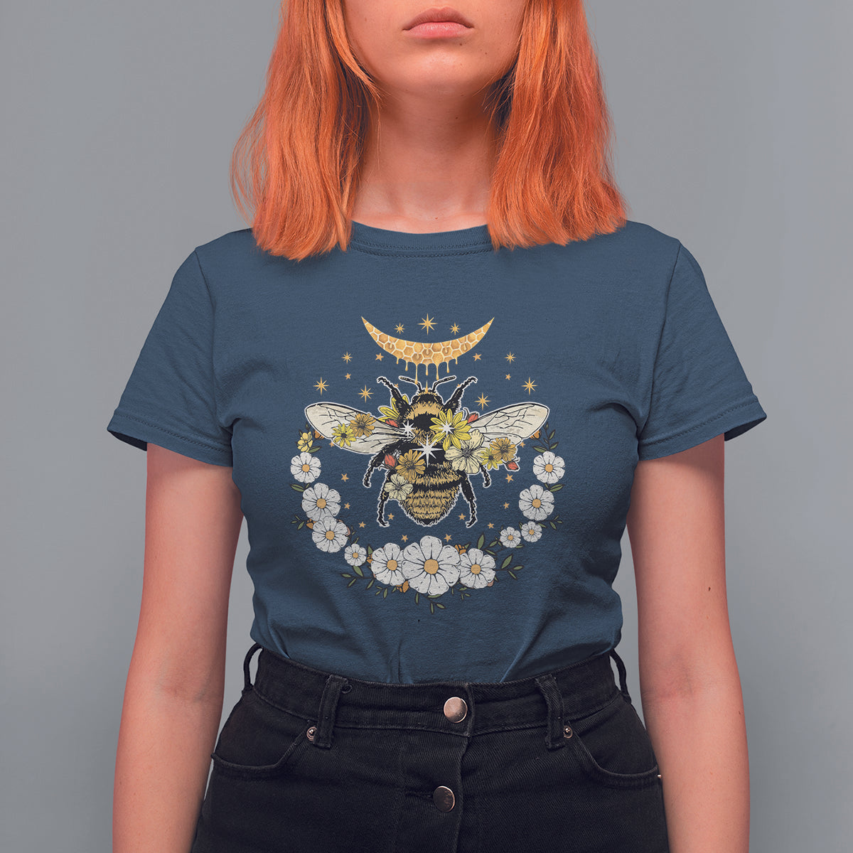 Navy crew-neck women’s t-shirt with bee, crescent moon, and white floral wreath graphic