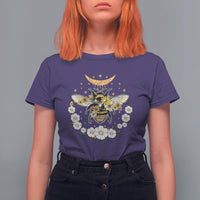 Royal purple crew-neck women’s t-shirt with bee, crescent moon, and floral wreath graphic