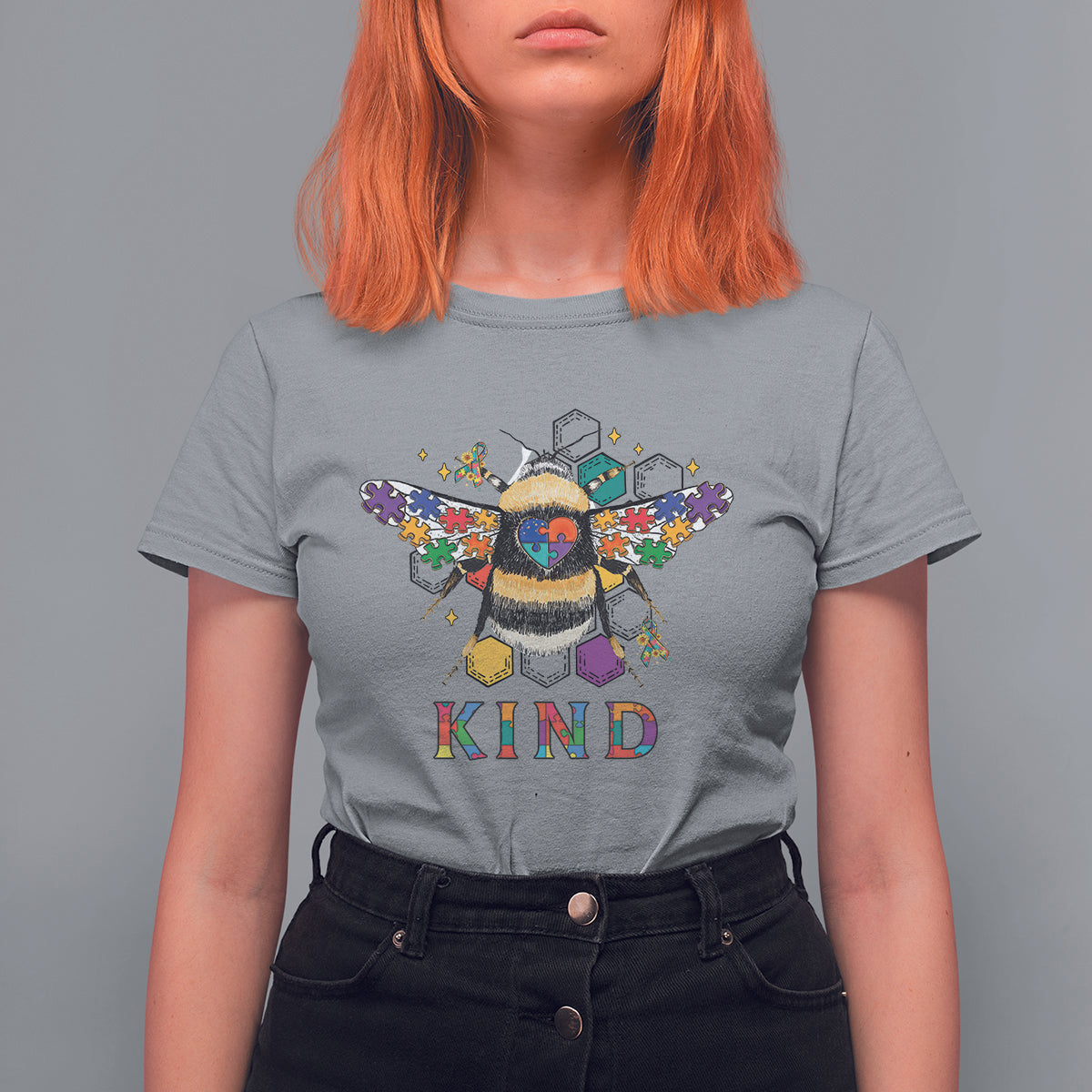 Sport gray bee graphic T-shirt with KIND text and a colorful winged bee character.