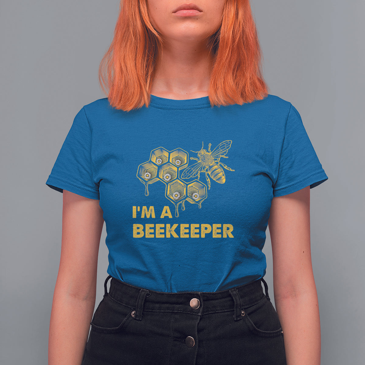Royal blue Beekeeper T-shirt with bee hive graphic and “I’M A BEEKEEPER” lettering