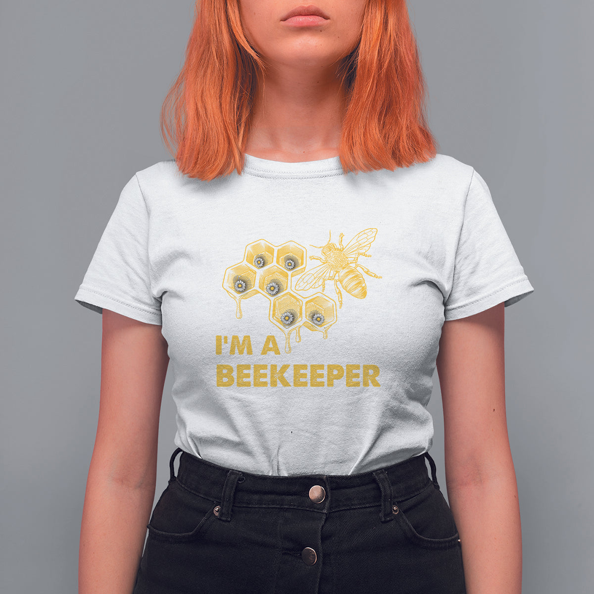 White Beekeeper T-shirt with bee hive graphic and “I’M A BEEKEEPER” lettering