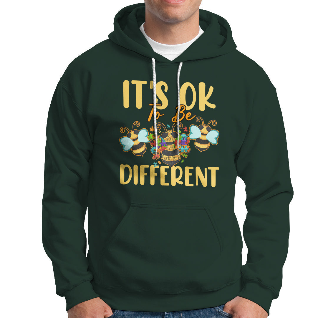 Forest green autism awareness hoodie with front pocket, drawstring hood, and bee graphic text
