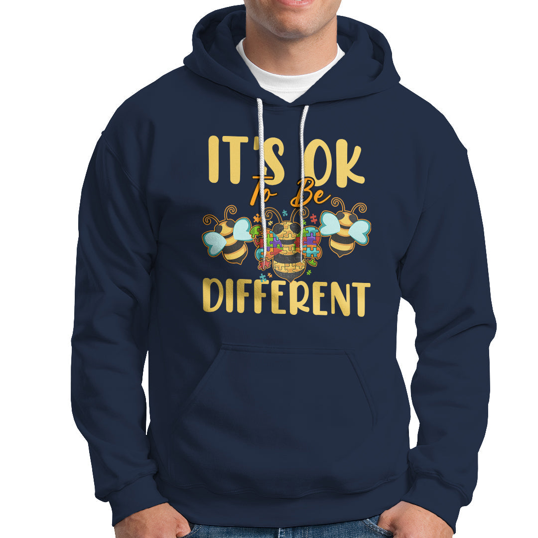 Navy autism awareness hoodie with front pocket, drawstring hood, and bee graphic text